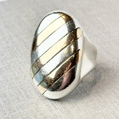 Sterling Silver & 14k Striped Dome Modernist Ring Sz 6.50 Signed Minas