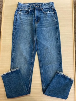 American Eagle Women's 2 Super High Rise Straight Jeans Blue Stretch Distressed 
