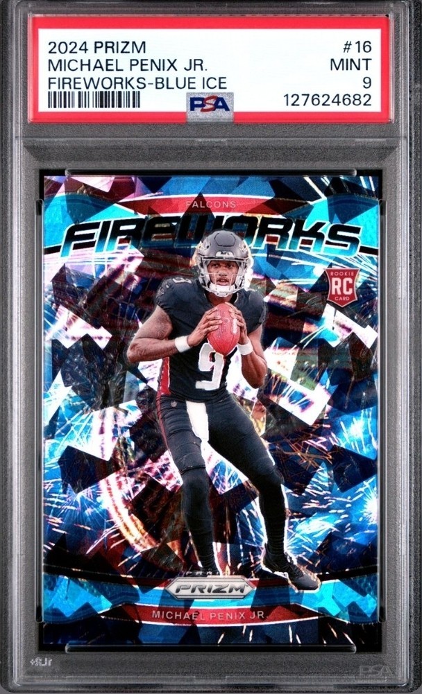 2024 Panini Prizm Michael Penix Jr. RC Fireworks Blue Ice Prizm /99 #16 PSA 9