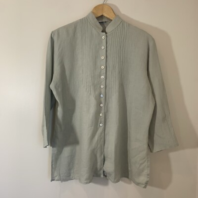 Isa Belle by Samo Gabrscek Womens Linen Top Large Sage Green Pleated Lagenlook