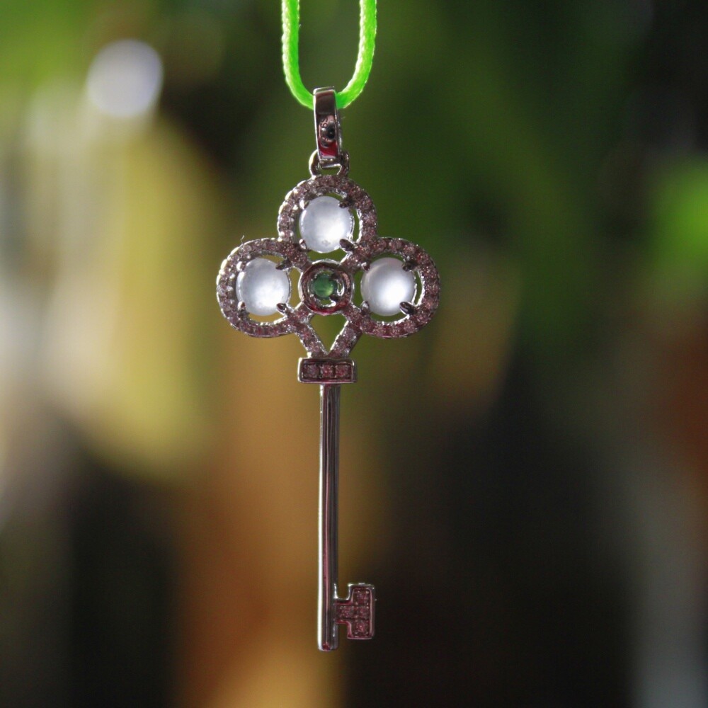 CERTIFIED Natural Type A Icy White Green Jadeite Jade Key Pendant 925 ...