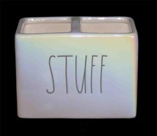 RAE DUNN Iridescent "STUFF" Rectangle 2-Hole Pens Toothbrush Etc Holder / Caddy