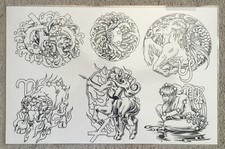 Tattoo Flash Single Sheet Print Rams, Fair, Centaur, "69", Fish, Crab, 11" X 14  