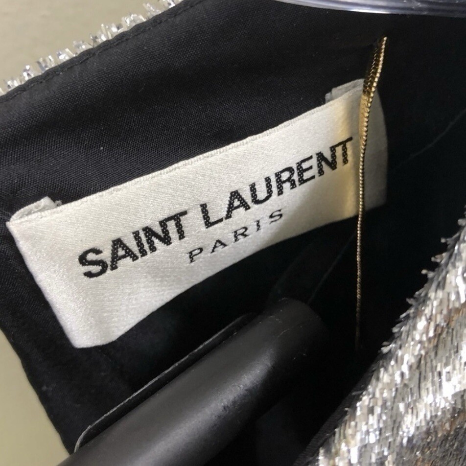 Abito donna Saint Laurent argento drappeggiato vita finto avvolgente seta metallizzata FR 40