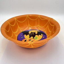 Halloween 11.5"x4" Candy Bowl Plastic Orange w/Spider Web-Pumpkin Bat-Moon