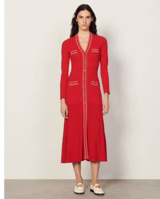 sandro red knit dress V-neck slim-fit for Women sparkly evening dress