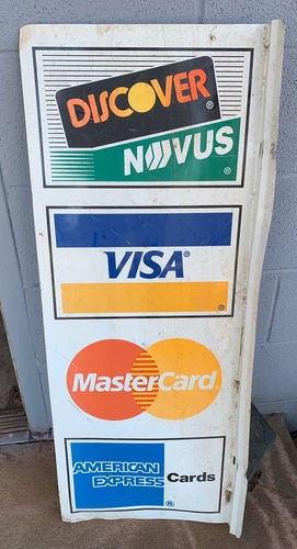 Vtg Visa MasterCard American Express Discover 2 Sided Metal Sign 26" x 11"