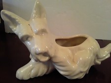 Adorable Vtg Cream Pottery Scottie Dog Planter Scottish Terrier 5" Tall 8" Long
