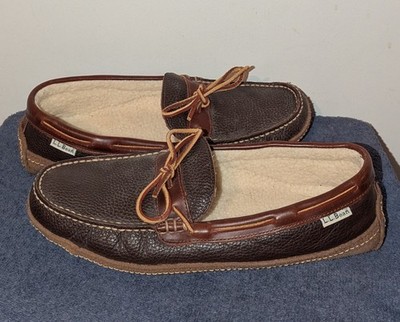 Ll Bean Wicked Good Moccasin Slippers Mens Size 10 M Brown Leather Shearling