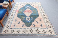 Vintage Rug, 5,9x8,6 ft Large Rug, Blue Check...