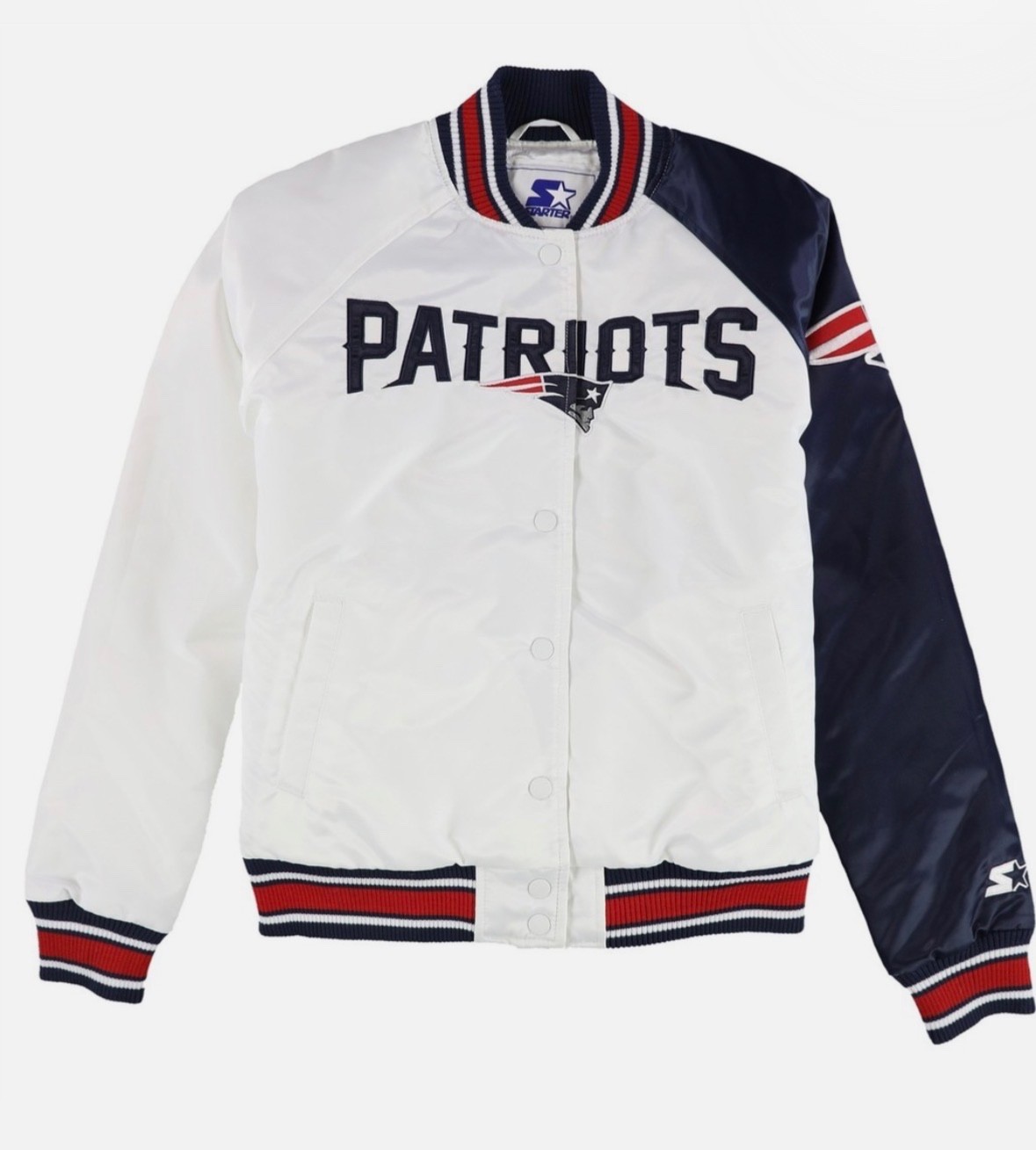 STARTER Mens New England Patriots Varsity Jacket, White, Small