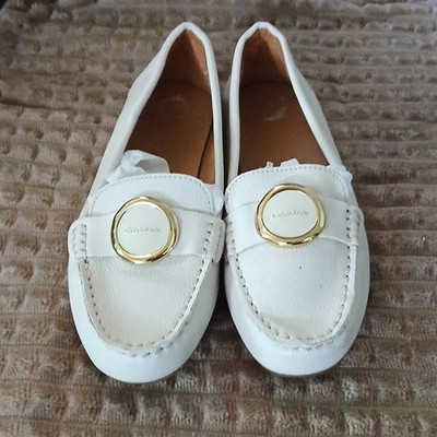 #ad Calvin Klein Women’s White Leather Slip On Loafer Flats Round Toe Logo 6.5 $15.99