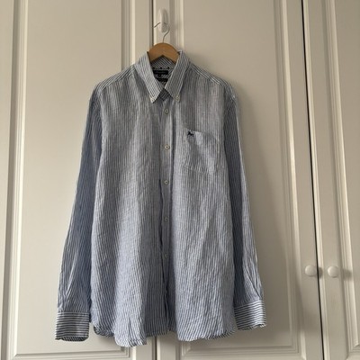 Men s Hampton Matalan Blue & White 100% Linen Pinstripe Long Sleeved Shirt XL