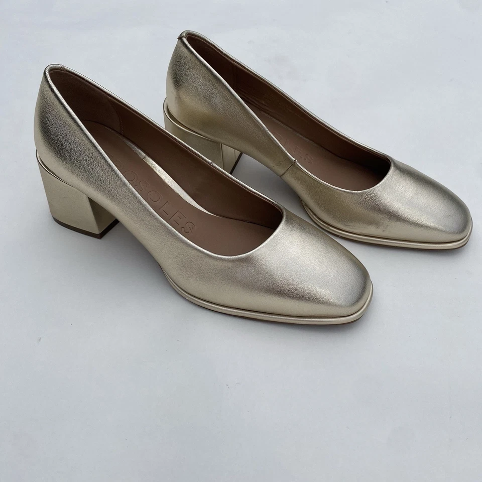 AEROSOLES 8.5 Dorado Metálico Bloque Tacón Bomba Imitación Cuero Mate NUEVO SIN CAJA NUEVO Redondo Foto 2 de 4