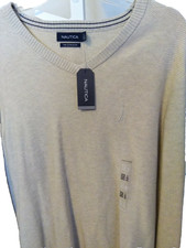 NWT NAUTICA V Neck SWEATER Size XL Anchor Logo Beige Comfort Gift Mens Soft