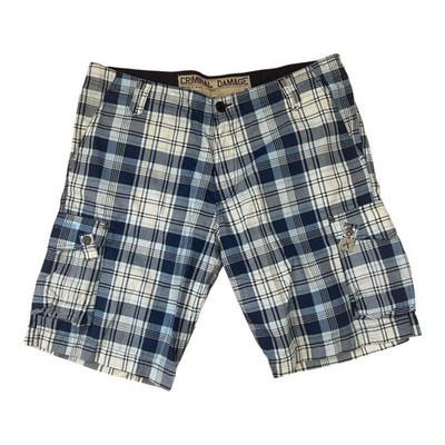 Criminal Damage Shorts Herren Bermuda kariert Blau Weiß Gr 38 L Baumwolle
