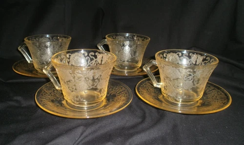 Hazel-Atlas "Florentine #2" Poppy Yellow Depression Glass 4 Cups & 4 Saucers