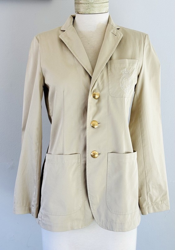 Lauren Ralph Lauren Tan Button Down Crest Embroidered Cotton Blazer Size XS