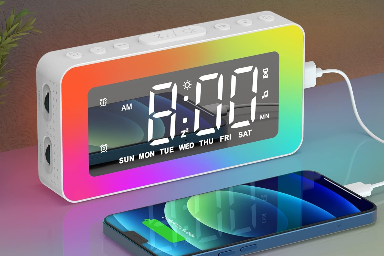 Mirror Alarm Clock with 8 RGB Mood Lights & Dual Alarms for Bedroom