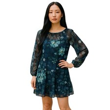 Ann Taylor Loft Floral Sheer Navy Blue Winter Garden Flounce Flare Dress Small