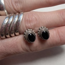 BA SUARTI 925 Sterling Silver & Black Onyx Signed Earrings Vintage Bali Style