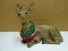 HEAVY RESIN HOLIDAY DEER LYING DOWN WITH WREATH  BOW 3.5" X 4.5" FIGURINE UNBRA