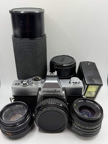 Minolta SRT 100x Bundle W Multiple Lens/Carrying Case/Light/Manual  Untested 