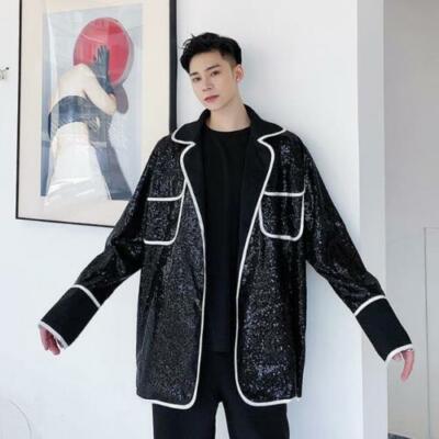 Mens Youth New Fashion Glitter Sequin Lapel Shirt Blazer Jacket