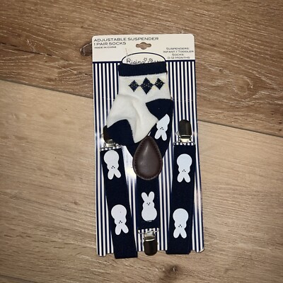 Rising Star Adjustable Suspender & Sock Set (Navy/White) Easter Bunny