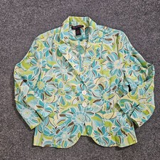 Lily Stanhope Blazer Jacket Women 10 Blue Green Linen Long Sleeve Buttons Career