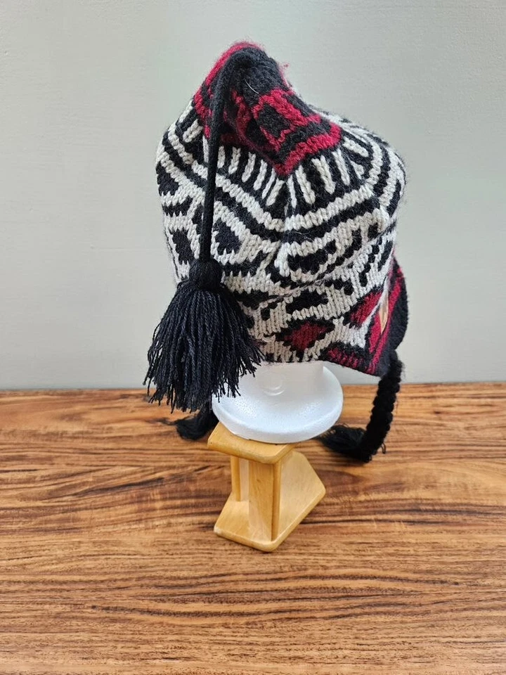 Alaska Knit Winter Beanie Ski Hat Tie Ear Flaps Black Red & White Snow Hiking - Image 4 of 4