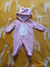 Pink Quilted Baby Romper Hood with Bunny Ears White Plush Belly Panel 1-3 Months