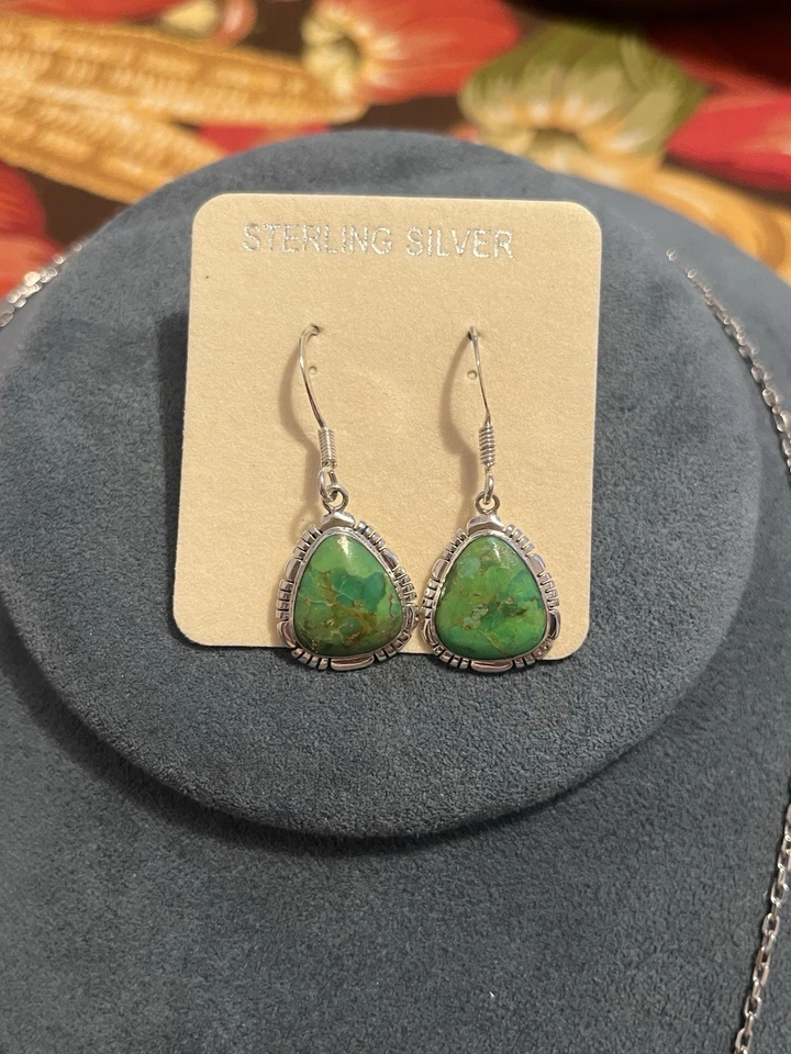 Juego de pendientes y collar de plata de ley turquesa verde 925 13 gramos Foto 3 de 4