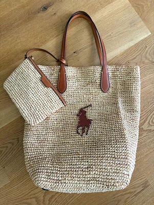 Polo Ralph Lauren Damen Tragetasche Bast/Leder beige-braun Doppelgriff RL Reiter - Bild 1 von 2