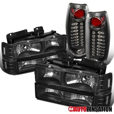 Fit 94-98 C/K 1500 Sierra Black Headlights+Bumper Corner Lamps+LED Tail Lights