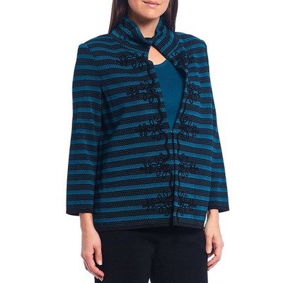 Ming Wang Heritage Fit Ruffle Knit Jacket Size Large Teal Black