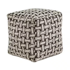 Black and White Weaved Pattern Fabric Upholstered Square Pouf Ottoman