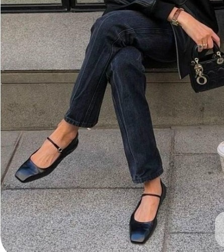 ZARA Black Leather Mary Jane Ballet Flats Women's EU 37 US 6.5 Buckle Square Toe