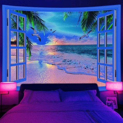 Sea Waves, Sea Beach Blacklight Poster UV Reactive Tapestry Wall Hanging Fabric