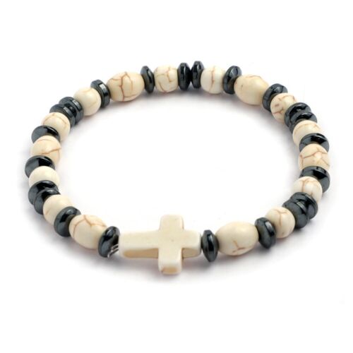 Bracelet élastique chapelet crème pierre et perles d'hématite - Photo 1 sur 1