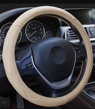 Steering Wheel Cover Beige PU Leather 15in All Season Accessory For Car Truck