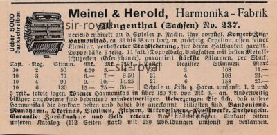 Meinel & Herold Harmonica Factory Klingenthal - 1906 - Advertising ~11x5cm -
