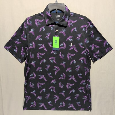 IZOD SS Golf Polo Men's S Black All Over Floral Print Stretch Quick Dry UPF-50