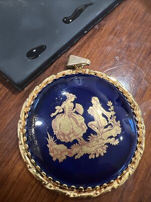 LIMOGES Cobalt Blue Pendant Romantic Courting Couple, Mirror Reverse Gold