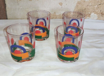 Sammler Whiskey Gläser France Reims 70er Vintage Kult 4er Glas Set bunt Pop Art