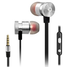 Silver - Black Super Bass Noise Isolating Earphone Volume Control  Mic. Headset