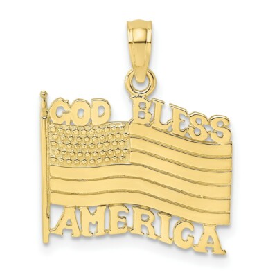 Real 10kt Yellow Gold Polished Textured God Bless America w/ Flag Charm