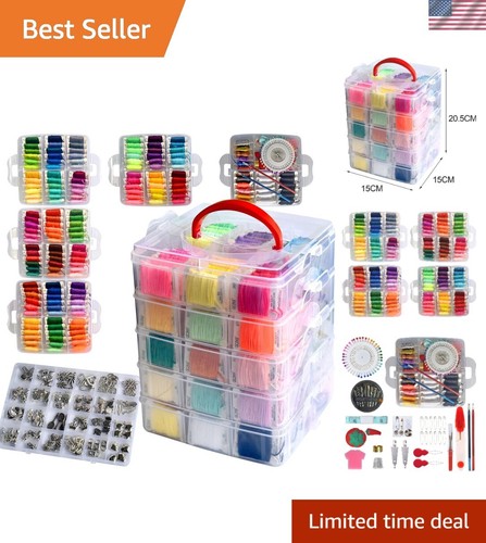 Deluxe 301-Piece Embroidery Floss Set with 5-Tier Organizer & Embellishments