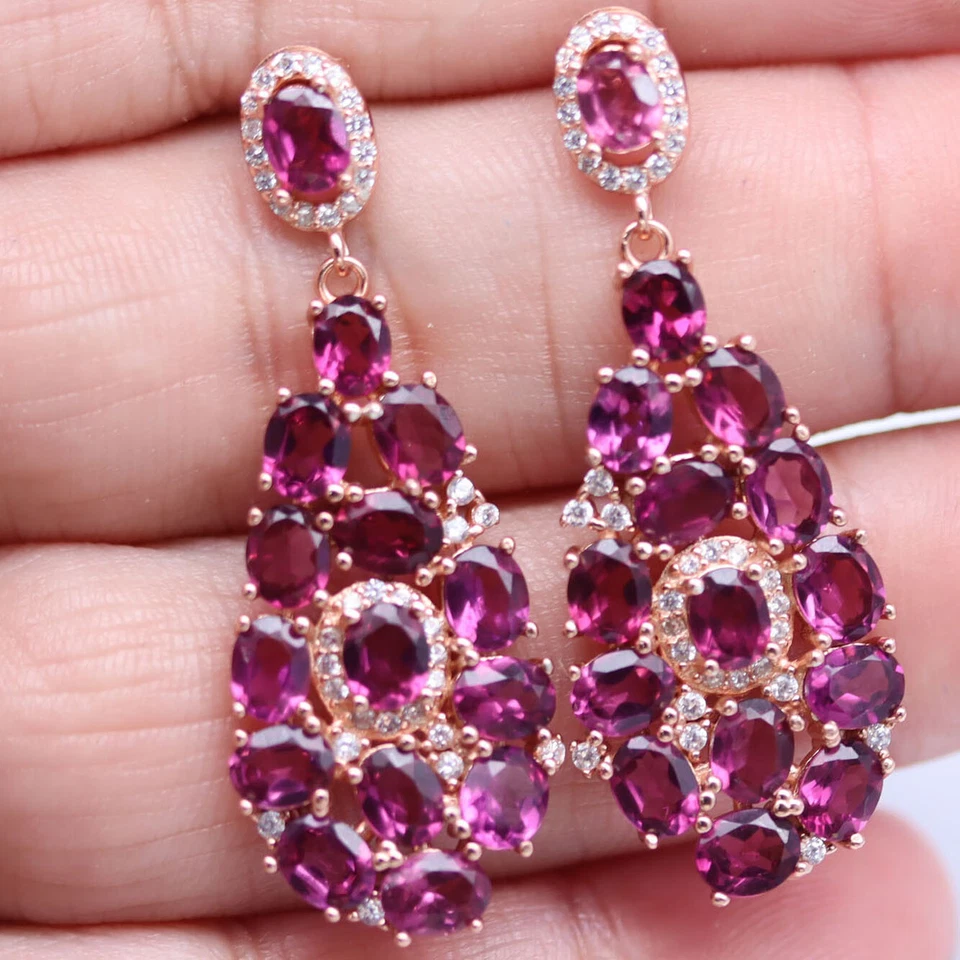 Pendientes de plata de ley 925 con piedras preciosas de granate rodolita roja púrpura, circonitas blancas Foto 2 de 4
