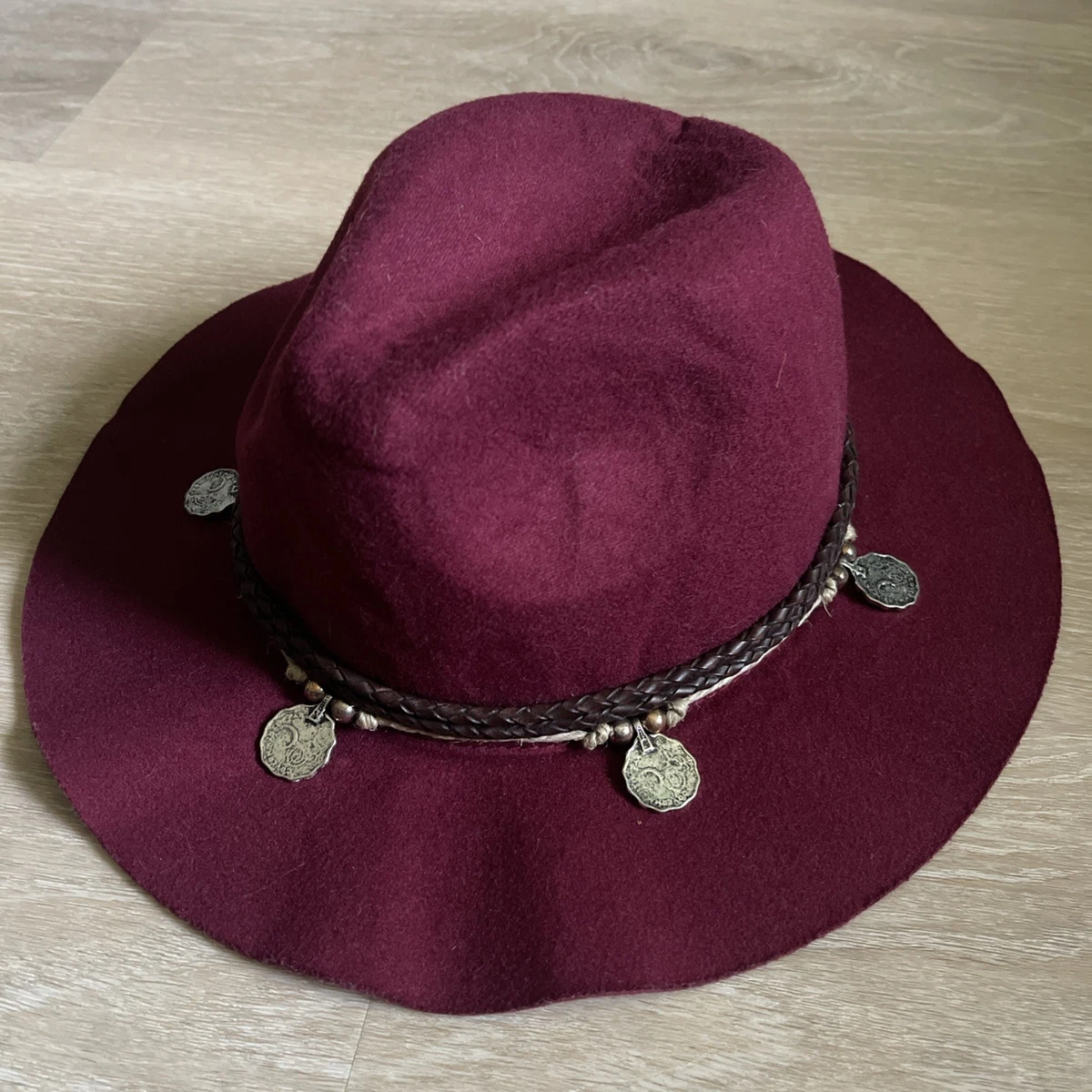 Free People hat burgundy flat basic wide brim felt wool hat Burgundy Felt Wild Brim Hat With Feather | Black Wide Brim  main image 3